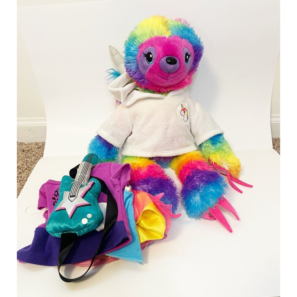 Build-A-Bear Rainbow Sloth Unicorn Plush Bundle w/ Clothing Accessories Guitar